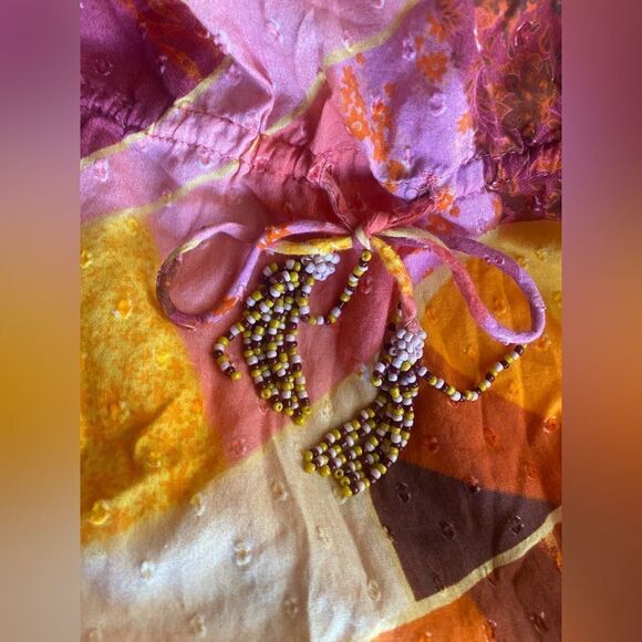 FARM RIO Patch Twirl Midi Dress Puff Sleeve Sz M Multicolor Drawstring Tie Neck - Picture 12 of 15